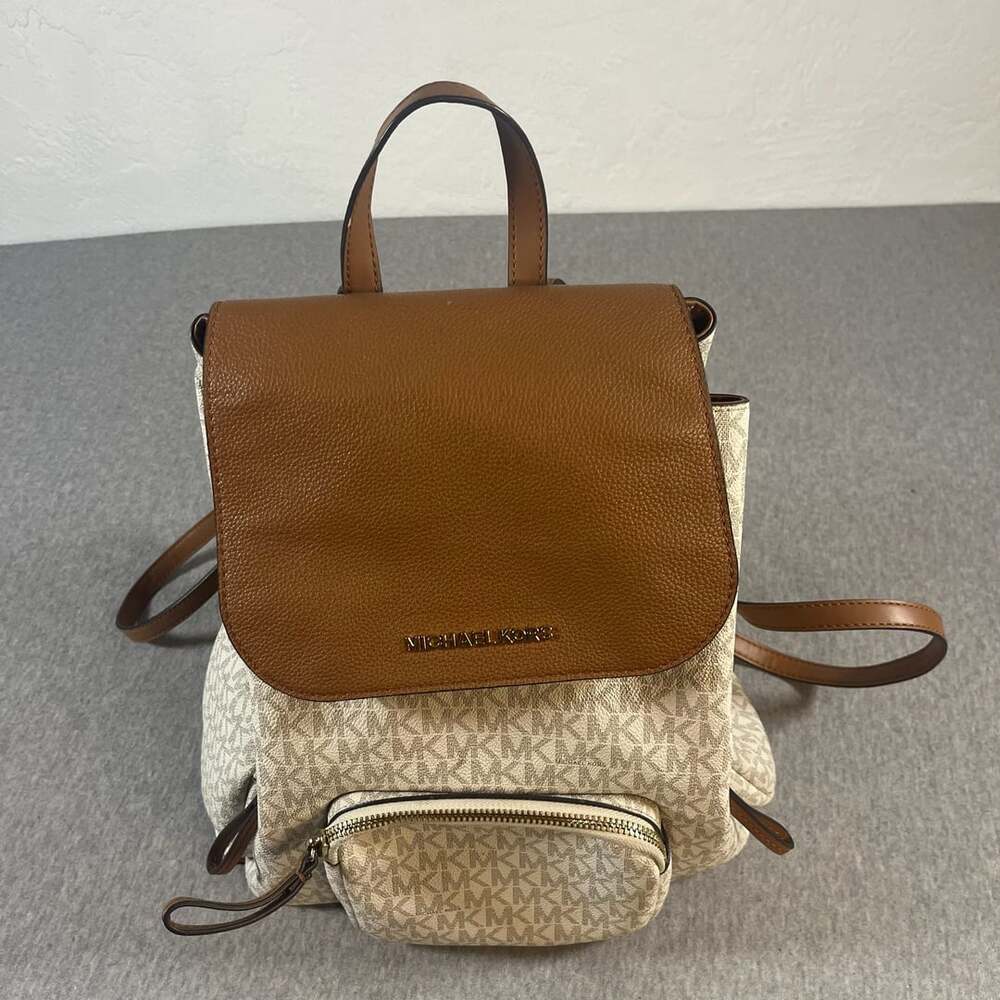 Michael Kors Bedford Legacy Medium Flap Backpack Vanilla/Acorn Coated Canvas